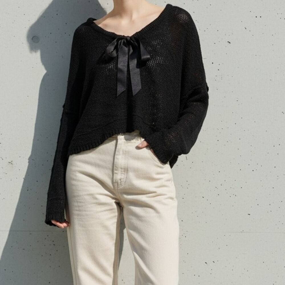 NWT Vince Open Knit Crop Sweater Black Size S Tie Front Cotton Long Sleeve